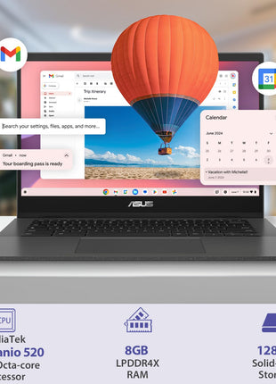 ASUS Chromebook CM14, Octa-Core MediaTek Kompanio 520, 14" (32.46 Cms) FHD, Thin and Light Chromebook (8GB RAM/128GB eMMC Storage/Chrome OS/Gray/1.45 Kg), CM1402CM2A-NK0129 