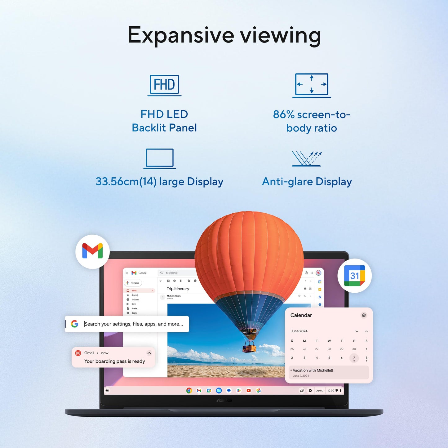 ASUS Chromebook CX1405, Intel Celeron N4500, 8GB RAM, 128GB, FHD 14"(35.56cm), Chrome OS, Quiet Blue, 1.4Kg, CX1405CKA-S60394, Intel UHD Graphics, 42WHrs, Thin & Light Laptop 