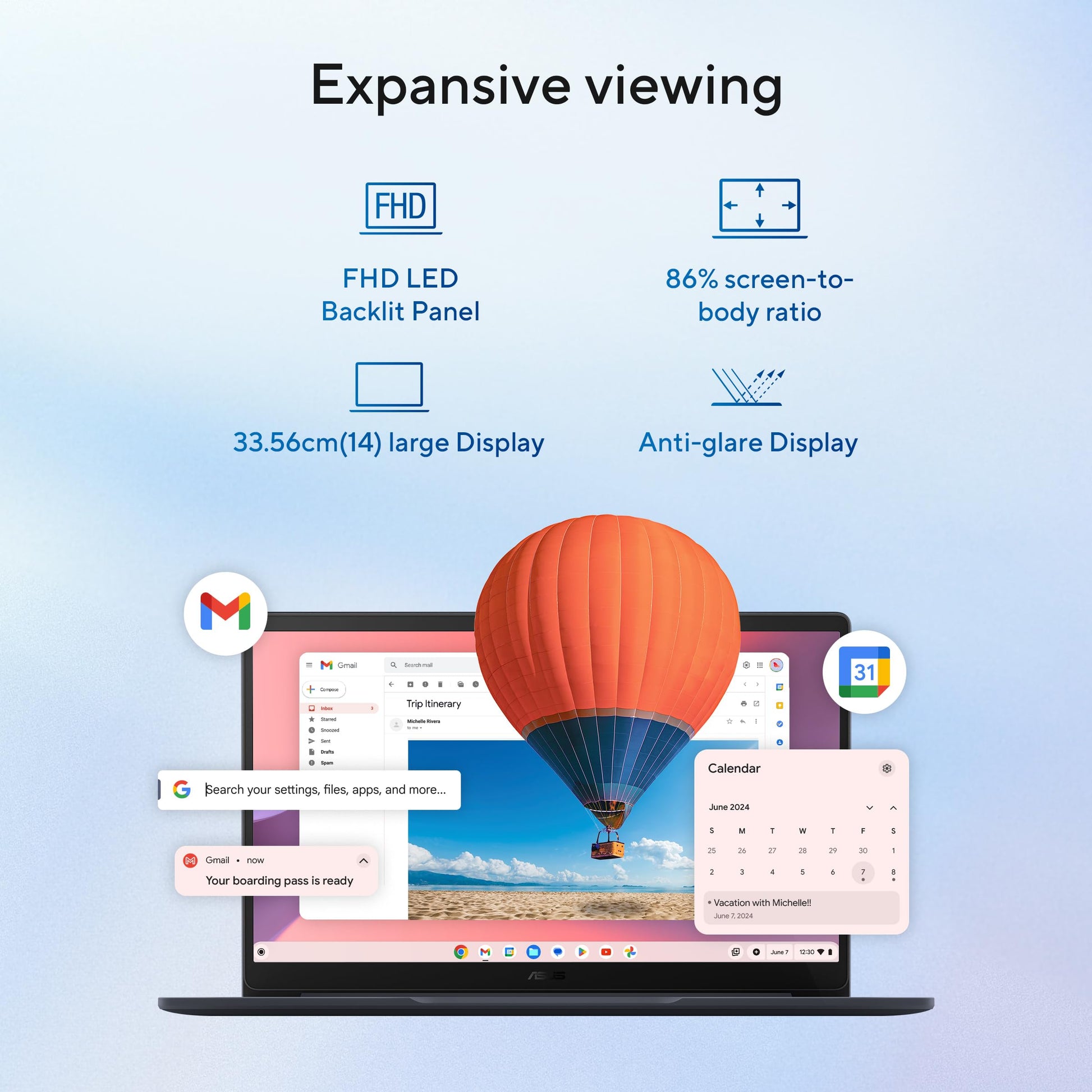 ASUS Chromebook CX1405, Intel Celeron N4500, 8GB RAM, 128GB, FHD 14"(35.56cm), Chrome OS, Quiet Blue, 1.4Kg, CX1405CKA-S60394, Intel UHD Graphics, 42WHrs, Thin & Light Laptop 