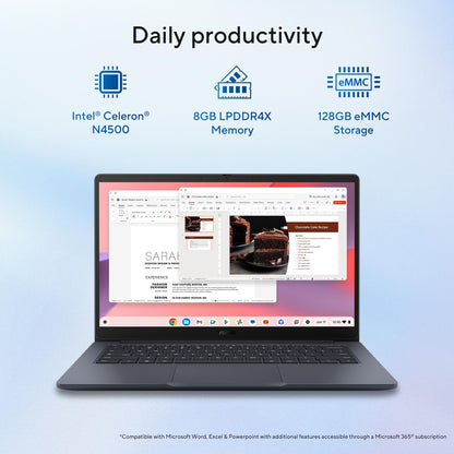 ASUS Chromebook CX1405, Intel Celeron N4500, 8GB RAM, 128GB, FHD 14"(35.56cm), Chrome OS, Quiet Blue, 1.4Kg, CX1405CKA-S60394, Intel UHD Graphics, 42WHrs, Thin & Light Laptop 