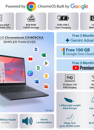 ASUS Chromebook CX1405, Intel Celeron N4500, 8GB RAM, 128GB, FHD 14"(35.56cm), Chrome OS, Quiet Blue, 1.4Kg, CX1405CKA-S60394, Intel UHD Graphics, 42WHrs, Thin & Light Laptop 
