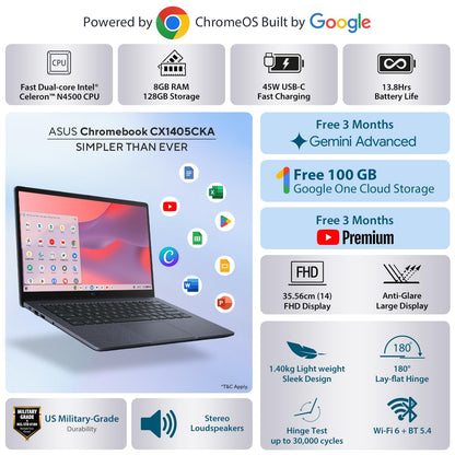 ASUS Chromebook CX1405, Intel Celeron N4500, 8GB RAM, 128GB, FHD 14"(35.56cm), Chrome OS, Quiet Blue, 1.4Kg, CX1405CKA-S60394, Intel UHD Graphics, 42WHrs, Thin & Light Laptop 