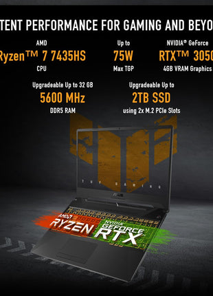 ASUS TUF Gaming A15, AMD Ryzen 7 7435Hs, 15.6-Inch, FHD 144Hz, Gaming Laptop (16GB RAM/512GB SSD/NVIDIA Geforce RTX 3050/Windows 11/48WHR/Graphite Black/2.3 Kg), FA506NCR-HN054W 