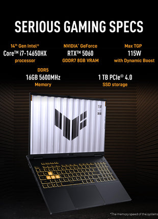 ASUS TUF F16, 14th Gen, Smartchoice,Intel Core i7 14650HX, Gaming Laptop(RTX 5060-8GB/16GB/1TB /FHD+/16"/165Hz/90WHrs/Windows 11/M365 Basic (1Year)*/Office 2024/Jaeger Gray/2.2 Kg) FX608JMR-RV049WS 