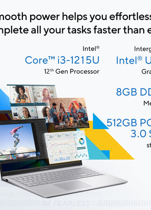 ASUS VivoBook 15 (2022), Intel®Core™ i3-1215U 12th Gen, 15.6" (39.62 cm) FHD, Thin and Light Laptop (8GB/512 SSD//Windows 11/Office 2021/Backlit KB/Cool Silver/1.7 kg), X1504ZA-NJ322WS 