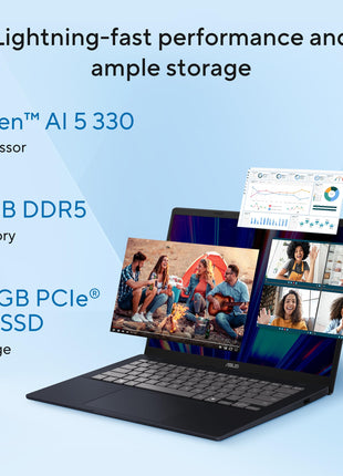 ASUS Vivobook 14, Smartchoice, AMD Ryzen AI 5 330, 16GB RAM, 512GB SSD,FHD+ 14", Win11,Office Home 2024, M365 Basic (1Year), Quiet Blue, 1.46Kg, M1407KA-LY132WS,AMD Radeon iGPU, 50 Tops, Copilot AI PC 