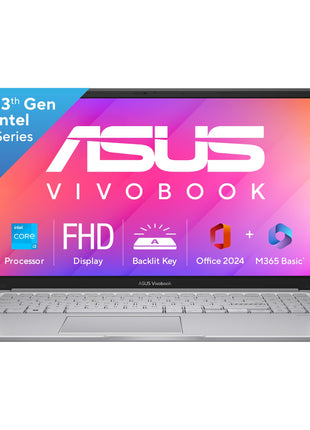 ASUS Vivobook 15, Intel Core i3 13th Gen 1315U, 12GB RAM, 512GB SSD, FHD 15.6", Windows 11, Office Home 2024, Cool Silver, 1.7Kg, X1504VA-BQ331WS, Intel UHD iGPU, Thin & Light, 42Whrs Laptop 