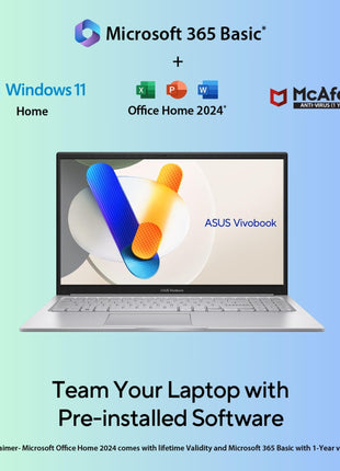 ASUS Vivobook 15, Intel Core i3 13th Gen 1315U, 12GB RAM, 512GB SSD, FHD 15.6", Windows 11, Office Home 2024, Cool Silver, 1.7Kg, X1504VA-BQ331WS, Intel UHD iGPU, Thin & Light, 42Whrs Laptop 
