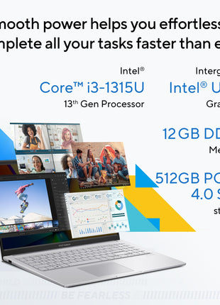 ASUS Vivobook 15, Intel Core i3 13th Gen 1315U, 12GB RAM, 512GB SSD, FHD 15.6", Windows 11, Office Home 2024, Cool Silver, 1.7Kg, X1504VA-BQ331WS, Intel UHD iGPU, Thin & Light, 42Whrs Laptop 