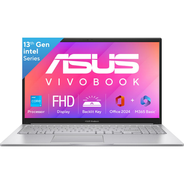 ASUS Vivobook 15, Intel Core i3 13th Gen 1315U, 12GB RAM, 512GB SSD, FHD 15.6", Windows 11, Office Home 2024, Cool Silver, 1.7Kg, X1504VA-BQ331WS, Intel UHD iGPU, Thin & Light, 42Whrs Laptop 