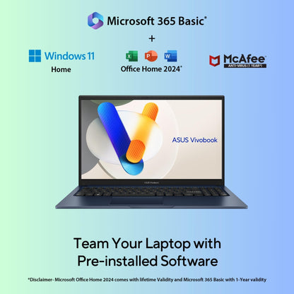 ASUS Vivobook 15, Smartchoice,Intel Core i5 13th Gen 13420H,16GB RAM, 512GB SSD, FHD 15.6",Windows 11, Office Home 2024, Quiet Blue, 1.70 kg, X1502VA-BQ836WS,Intel UHD iGPU, M365 Basic (1Year)* Laptop 