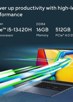 ASUS Vivobook 15, Smartchoice,Intel Core i5 13th Gen 13420H,16GB RAM, 512GB SSD, FHD 15.6",Windows 11, Office Home 2024, Quiet Blue, 1.70 kg, X1502VA-BQ836WS,Intel UHD iGPU, M365 Basic (1Year)* Laptop 