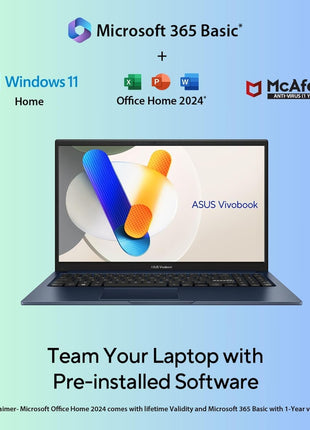 ASUS Vivobook 15, Smartchoice, AMD Ryzen 7 5825U, 16GB RAM, 512GB SSD, FHD 15.6", Windows 11, Office Home 2024, Quiet Blue, 1.7Kg, M1502YA-BQ703WS, AMD Radeon iGPU, M365 Basic (1Year)*, 42Whr Laptop 