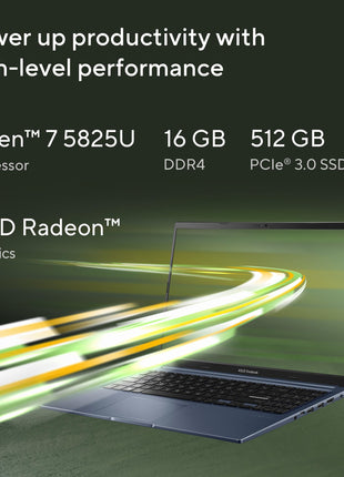 ASUS Vivobook 15, Smartchoice, AMD Ryzen 7 5825U, 16GB RAM, 512GB SSD, FHD 15.6", Windows 11, Office Home 2024, Quiet Blue, 1.7Kg, M1502YA-BQ703WS, AMD Radeon iGPU, M365 Basic (1Year)*, 42Whr Laptop 