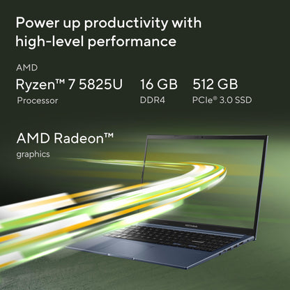 ASUS Vivobook 15, Smartchoice, AMD Ryzen 7 5825U, 16GB RAM, 512GB SSD, FHD 15.6", Windows 11, Office Home 2024, Quiet Blue, 1.7Kg, M1502YA-BQ703WS, AMD Radeon iGPU, M365 Basic (1Year)*, 42Whr Laptop 