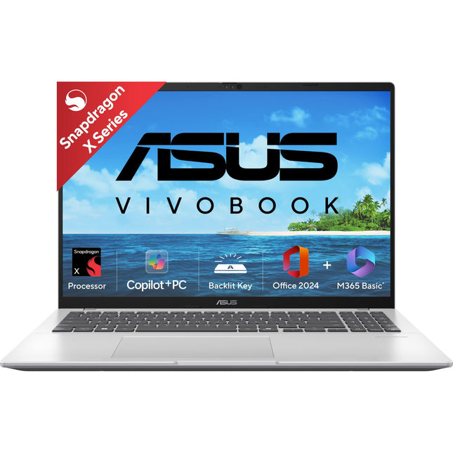 ASUS Vivobook 16, Snapdragon X, 16GB RAM, 512GB SSD, FHD+ 16", Windows 11, Office Home 2024, Cool Silver, 1.88kg, X1607QA-MB050WS, Qualcomm Adreno iGPU, 45TOPS, M365 Basic(1Year)* Laptop 
