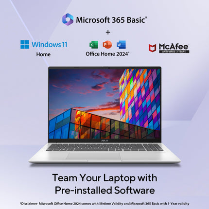 ASUS Vivobook 16, Snapdragon X, 16GB RAM, 512GB SSD, FHD+ 16", Windows 11, Office Home 2024, Cool Silver, 1.88kg, X1607QA-MB050WS, Qualcomm Adreno iGPU, 45TOPS, M365 Basic(1Year)* Laptop 