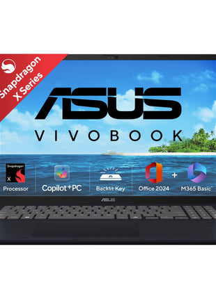 ASUS Vivobook 16, Snapdragon X, 16GB RAM, 512GB SSD, FHD+ 16", Windows 11, Office Home 2024, Quiet Blue, 1.88kg, X1607QA-MB049WS, Qualcomm Adreno iGPU, 45TOPS, M365 Basic (1Year)* Laptop 