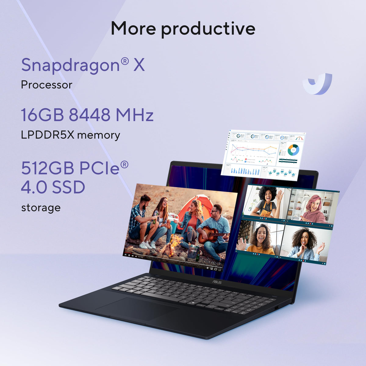 ASUS Vivobook 16, Snapdragon X, 16GB RAM, 512GB SSD, FHD+ 16", Windows 11, Office Home 2024, Quiet Blue, 1.88kg, X1607QA-MB049WS, Qualcomm Adreno iGPU, 45TOPS, M365 Basic (1Year)* Laptop 