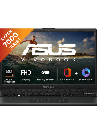 ASUS Vivobook Go 14, AMD Ryzen 5 7520U, 16GB RAM, 512GB SSD, FHD 14", Windows 11, Office Home 2024, M365 Basic (1Year)*, Black, 1.38kg, E1404FA-EB2542WS, AMD Radeon iGPU, 42WHrs, Thin & Light Laptop 