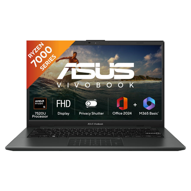 ASUS Vivobook Go 14, AMD Ryzen 5 7520U, 16GB RAM, 512GB SSD, FHD 14", Windows 11, Office Home 2024, M365 Basic (1Year)*, Black, 1.38kg, E1404FA-EB2542WS, AMD Radeon iGPU, 42WHrs, Thin & Light Laptop 