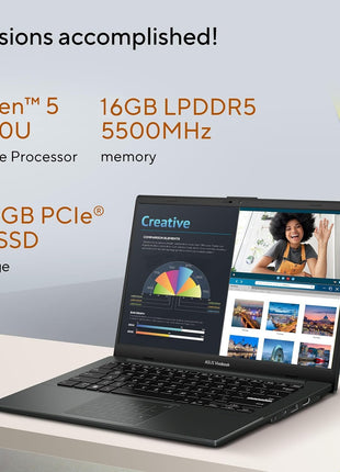 ASUS Vivobook Go 14, AMD Ryzen 5 7520U, 16GB RAM, 512GB SSD, FHD 14", Windows 11, Office Home 2024, M365 Basic (1Year)*, Black, 1.38kg, E1404FA-EB2542WS, AMD Radeon iGPU, 42WHrs, Thin & Light Laptop 