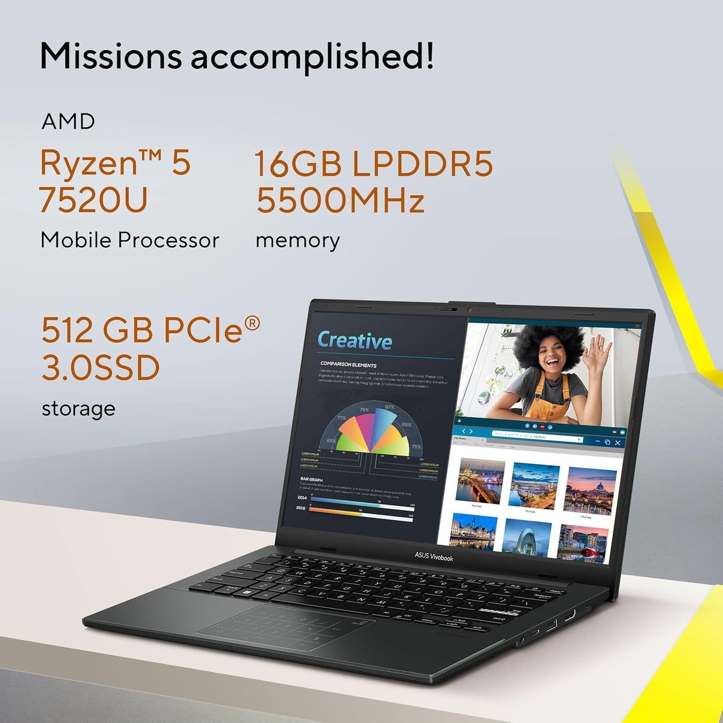 ASUS Vivobook Go 14, AMD Ryzen 5 7520U, 16GB RAM, 512GB SSD, FHD 14", Windows 11, Office Home 2024, M365 Basic (1Year)*, Black, 1.38kg, E1404FA-EB2542WS, AMD Radeon iGPU, 42WHrs, Thin & Light Laptop 