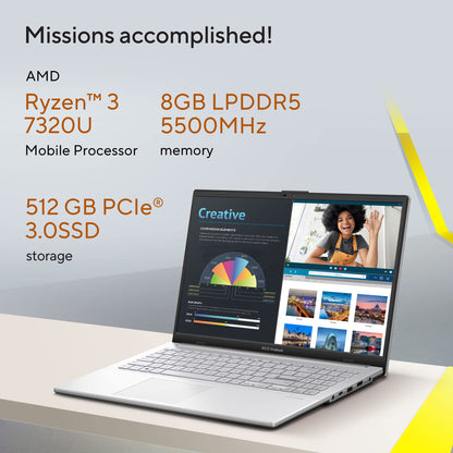 ASUS Vivobook Go 15, AMD Ryzen 3 7320U Thin & Light Laptop(AMD Radeon iGPU/8GB RAM/512GB SSD/FHD/15.6"/60Hz/Windows 11/M365 Basic (1Year)*/Office Home 2024/Cool Silver/1.63 Kg) E1504FA-NJ131WS 