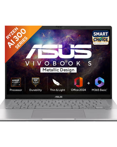 ASUS Vivobook S14, Smartchoice, AMD Ryzen AI 5 330, 16GB RAM, 512GB SSD,FHD+ 14", Win11, Office 2024,M365 Basic (1Year),Cool Silver, 1.4Kg, M3407KA-SF2501WS, 50 TOPS, Metallic Design Copilot AI Laptop 