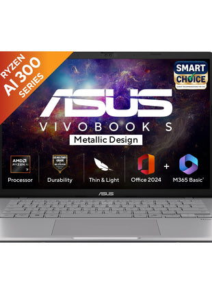 ASUS Vivobook S14, Smartchoice, AMD Ryzen AI 5 330, 16GB RAM, 512GB SSD,FHD+ 14", Win11, Office 2024,M365 Basic (1Year),Cool Silver, 1.4Kg, M3407KA-SF2501WS, 50 TOPS, Metallic Design Copilot AI Laptop 
