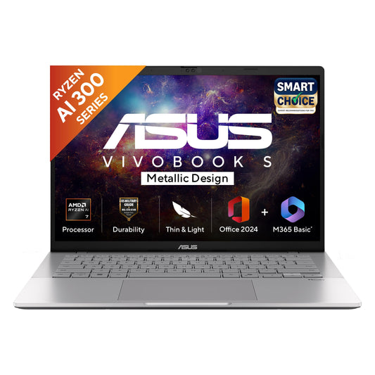 ASUS Vivobook S14, Smartchoice, AMD Ryzen AI 5 330, 16GB RAM, 512GB SSD,FHD+ 14", Win11, Office 2024,M365 Basic (1Year),Cool Silver, 1.4Kg, M3407KA-SF2501WS, 50 TOPS, Metallic Design Copilot AI Laptop 