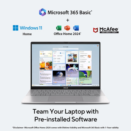 ASUS Vivobook S14, Smartchoice, AMD Ryzen AI 5 330, 16GB RAM, 512GB SSD,FHD+ 14", Win11, Office 2024,M365 Basic (1Year),Cool Silver, 1.4Kg, M3407KA-SF2501WS, 50 TOPS, Metallic Design Copilot AI Laptop 