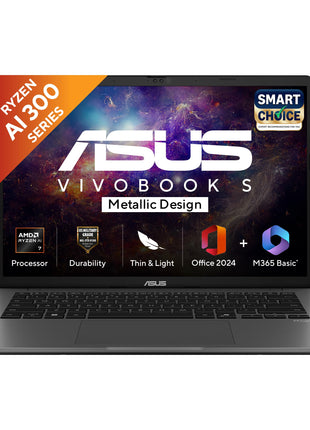ASUS Vivobook S14, Smartchoice, AMD Ryzen AI 7 350, 16GB RAM, 1TB SSD, FHD+ 14", Windows 11, Office 2024, M365 Basic (1Year), Matte Gray, 1.4Kg, M3407KA-SF049WS, 50 Tops,Metallic Design, Copilot AI PC 