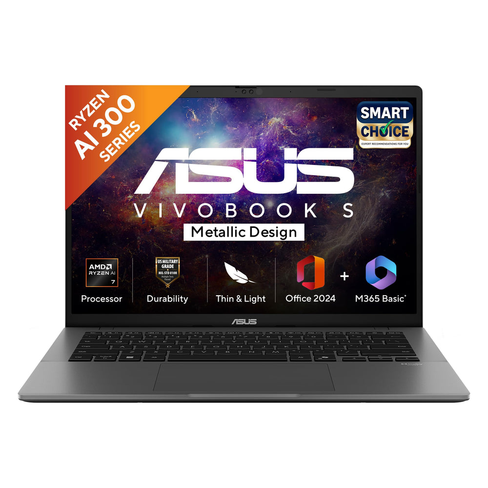 ASUS Vivobook S14, Smartchoice, AMD Ryzen AI 7 350, 16GB RAM, 1TB SSD, FHD+ 14", Windows 11, Office 2024, M365 Basic (1Year), Matte Gray, 1.4Kg, M3407KA-SF049WS, 50 Tops,Metallic Design, Copilot AI PC