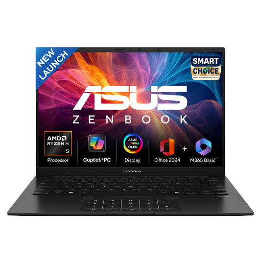 ASUS Zenbook 14, Smartchoice,AMD Ryzen AI 5 340, AI PC(AMD Radeon Graphics/16GB RAM/512GB SSD/3K OLED/14/120Hz/Windows 11/M365 Basic (1Year)*/Office Home 2024/Jade Black/1.2 Kg) UM3406KA-PP240WS 