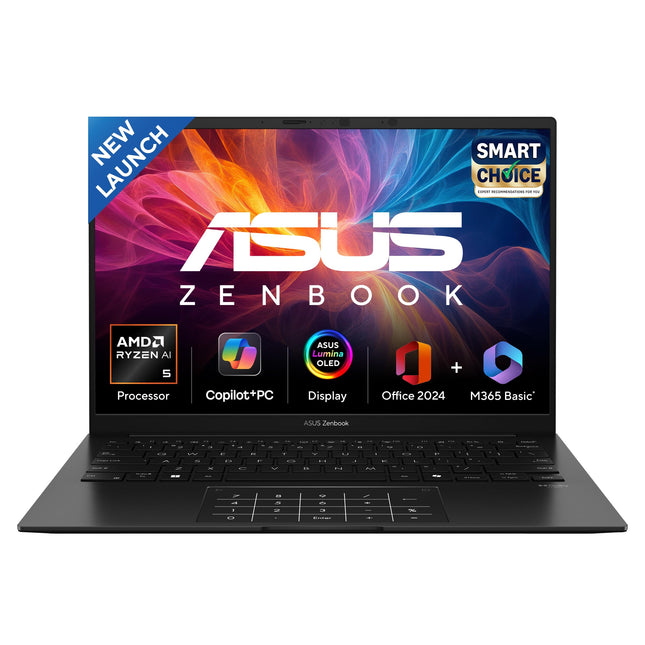 ASUS Zenbook 14, Smartchoice,AMD Ryzen AI 5 340, AI PC(AMD Radeon Graphics/16GB RAM/512GB SSD/3K OLED/14/120Hz/Windows 11/M365 Basic (1Year)*/Office Home 2024/Jade Black/1.2 Kg) UM3406KA-PP240WS 