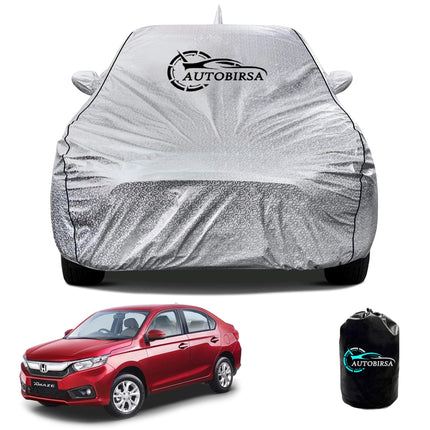 AUTOBIRSA Waterproof Car Body Cover for Honda Amaze with Mirror and Antenna Pocket and Soft Cotton Lining (4 Side Elastic Triple Stitched & Metallic Silver with Black Piping Style) 