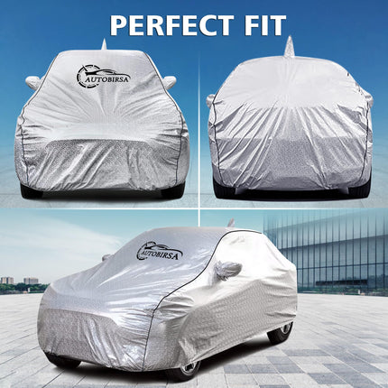 AUTOBIRSA Waterproof Car Body Cover for Honda Amaze with Mirror and Antenna Pocket and Soft Cotton Lining (4 Side Elastic Triple Stitched & Metallic Silver with Black Piping Style) 