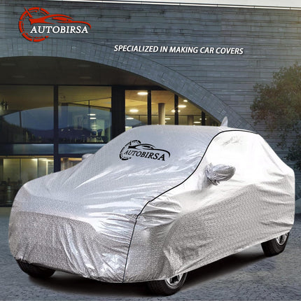 AUTOBIRSA Waterproof Car Body Cover for Honda Amaze with Mirror and Antenna Pocket and Soft Cotton Lining (4 Side Elastic Triple Stitched & Metallic Silver with Black Piping Style) 