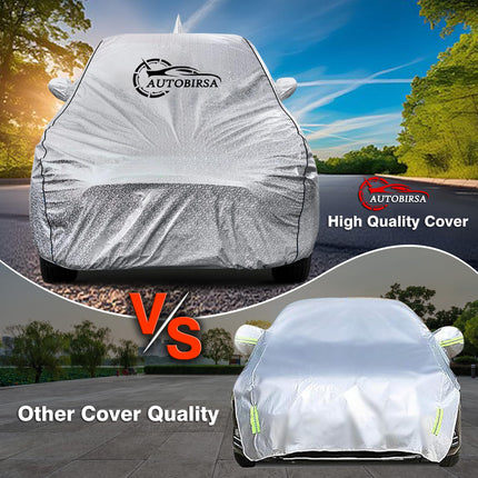AUTOBIRSA Waterproof Car Body Cover for Honda Amaze with Mirror and Antenna Pocket and Soft Cotton Lining (4 Side Elastic Triple Stitched & Metallic Silver with Black Piping Style) 