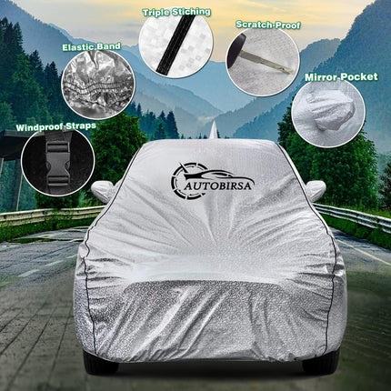 AUTOBIRSA Waterproof Car Body Cover for Honda Amaze with Mirror and Antenna Pocket and Soft Cotton Lining (4 Side Elastic Triple Stitched & Metallic Silver with Black Piping Style) 