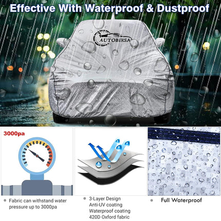 AUTOBIRSA Waterproof Car Body Cover for Honda Amaze with Mirror and Antenna Pocket and Soft Cotton Lining (4 Side Elastic Triple Stitched & Metallic Silver with Black Piping Style) 