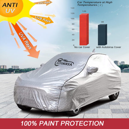 AUTOBIRSA Waterproof Car Body Cover for Honda Amaze with Mirror and Antenna Pocket and Soft Cotton Lining (4 Side Elastic Triple Stitched & Metallic Silver with Black Piping Style) 