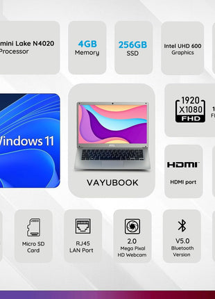 AXL VayuBook Laptop 14.1 Inch FHD IPS Display (4GB Ram,128GB SSD) 1920 * 1080 Resolution | HD Gemini Lake N4020 | Windows 11 Home | UHD Graphics 600 (Cloud Silver) 