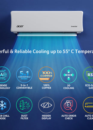 Acer 1.5 Ton 3 Star Split AC (5-In-1 Convertible Cooling Modes, AiSense Technology, ArcticWrap Cooling, PM 1.0 Microbacterial Filter, High Ambient Temperature of 55 °C-AR15AS3IO2HLE25) 