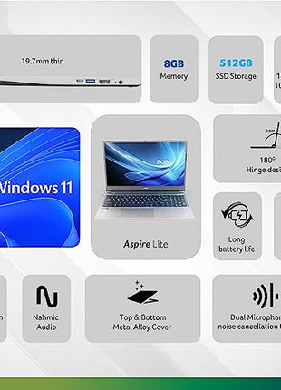 Acer Aspire 3 12th Gen Intel Core i3-1215U Premium Laptop (8GB RAM/512GB SSD/Windows 11 Home) A325-51,15.6" Full HD IPS Display, 54Whr Battery, Silver, 1.69 Kg 