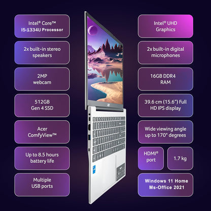 Acer Aspire 3 (2025) Intel Core i5 13th Gen 1334U - (16 GB/512 GB SSD/Intel UHD Graphics/Windows 11 Home) Thin and Light Laptop/15.6" FHD IPS Display/Metal Body/Silver/1.5 Kg/MSO 2021/3 Years Warranty 