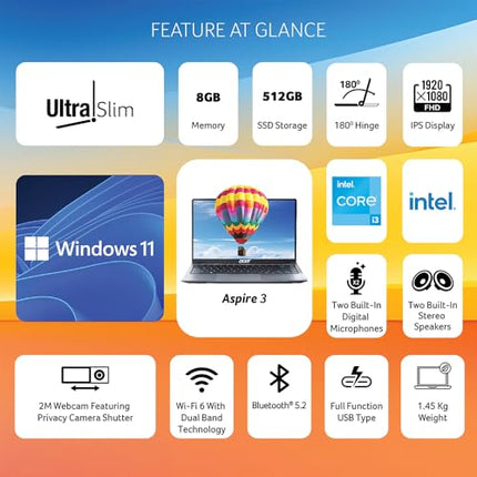 Acer Aspire 3 Intel Core i3-1215U Processor Laptop with 35.56 cm (14") Full HD LED IPS Display (8 GB RAM/512 GB SSD/WiFi 6/Intel Graphics/Windows11 Home/65W) A324-51, Steel Gray, 1.45KG 