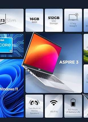 Acer Aspire 3 12th Gen Intel Core i3-1215U Premium Laptop (16GB RAM/512GB SSD/Windows 11 Home) A325-51,15.6" Full HD IPS Display, 54Whr Battery, Silver, 1.69 Kg 