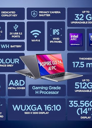 acer Aspire Go 14, Intel Core Ultra 5 125H (14th Gen),16GB DDR5 RAM/512GB SSD, WUXGA IPS, 14.0"/35.56 cm, Win 11, MS Office, Steel Gray, 1.5 kg, AG14-71M,Backlit Keyboard, AI Powered Premium Laptop 